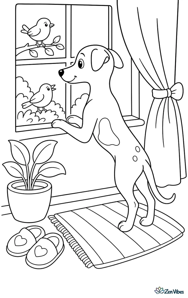 A whippet puppy stands at a low window watching two birds outside, with a curtain tie, houseplant, slippers, and a striped rug inside the cozy room.