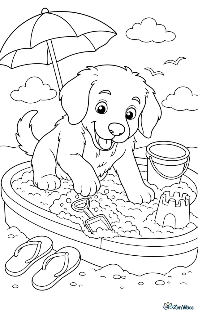 A golden retriever puppy digs in a sandbox, uncovering a toy shovel beside a bucket and castle mold, with a beach umbrella, flip-flops, and gulls in the distance.