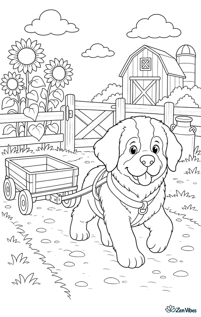 A Saint Bernard puppy pulls a tiny empty wagon along a farm lane, with sunflowers, a wooden gate, a milk can, and a barn visible beyond the fence.