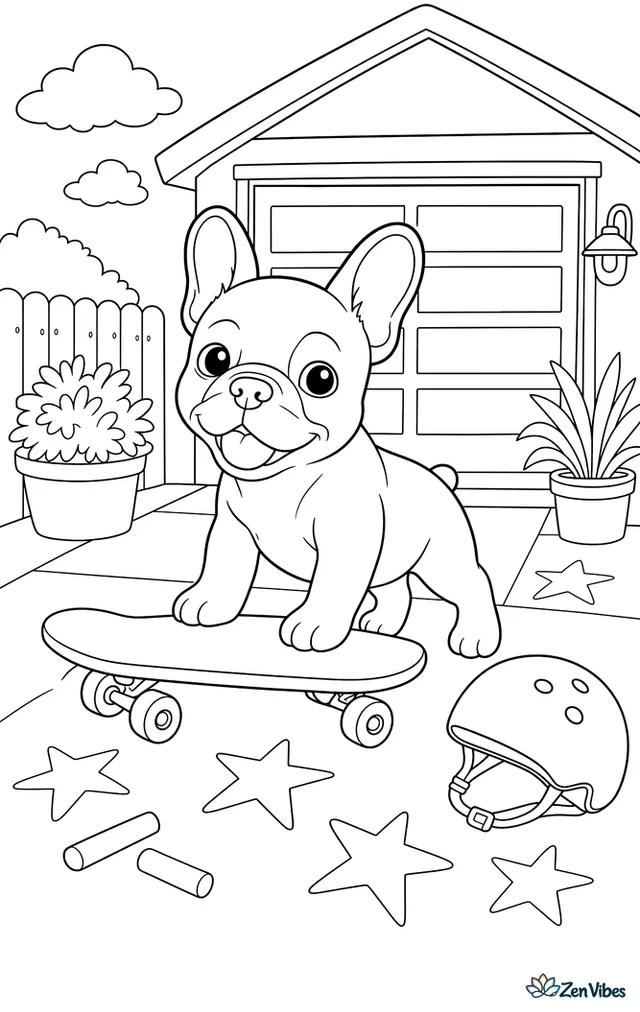 A French bulldog puppy balances with front paws on a skateboard in a driveway, with chalk stars, a helmet on the ground, potted plants, and a garage door behind.