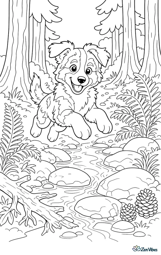 An Australian shepherd puppy leaps over a narrow stream on forest stones, with ferns, a fallen branch, pinecones, and tall trees surrounding the woodland path.