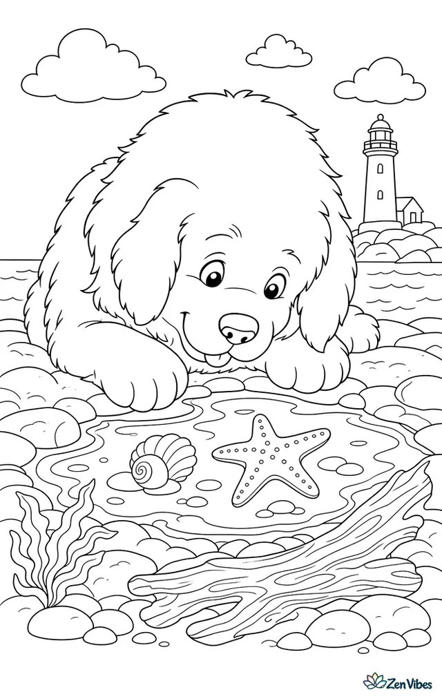 A Newfoundland puppy peers into a tide pool on the shore, spotting a starfish beside seashells, driftwood, smooth rocks, and a lighthouse far across the water.