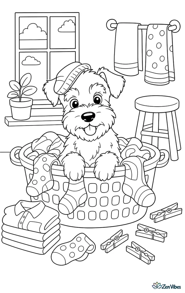 A miniature schnauzer puppy sits in a laundry basket tangled in socks, with clothespins, a folded shirt stack, a stool, and hanging towels in the washroom.