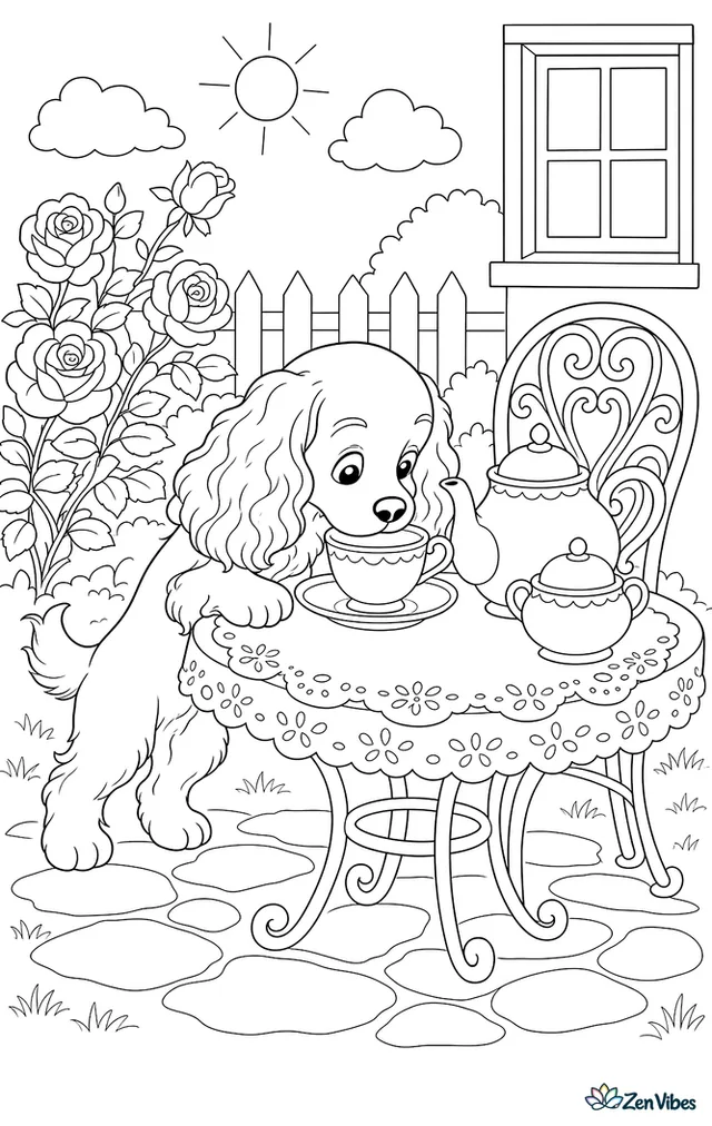A cocker spaniel puppy sniffs a teacup on a garden table, with a teapot, sugar bowl, lace cloth, rosebush, and wrought-iron chair in the afternoon sun.