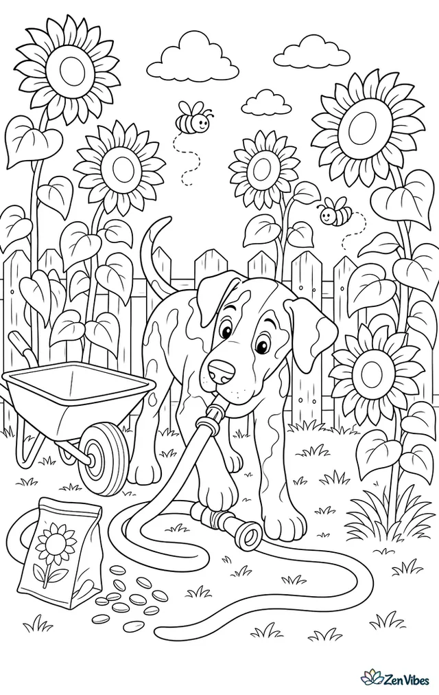 A Great Dane puppy wanders between towering sunflowers, nudging a watering hose, with a wheelbarrow, seed packet, wooden fence, and buzzing bees around the patch.