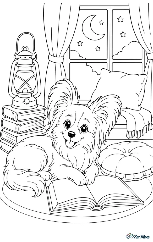 A papillon puppy curls beside an open storybook in a reading nook, with stacked books, a lantern, floor pillow, window seat, and a moon visible outside.