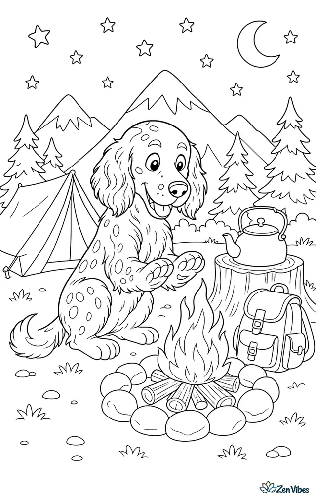 An English setter puppy toasts nothing, just warming paws near a small campfire ring, with a tent, pine stump, kettle, backpack, and mountains under evening stars.