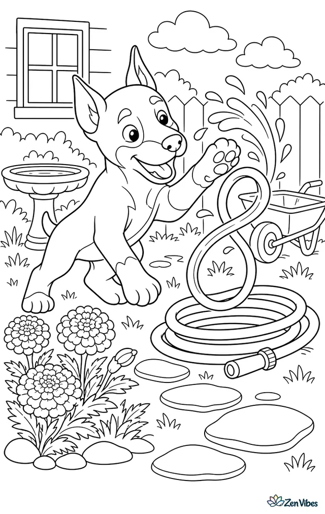 A Doberman puppy bats at a looping garden hose spraying water arcs, with marigolds, a birdbath, stepping stones, and a wheelbarrow in the backyard.