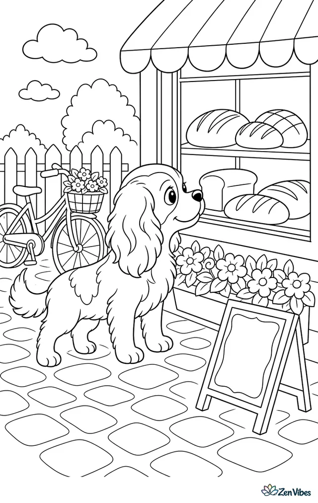 A Cavalier King Charles spaniel puppy stands outside a bakery window, nose near a loaf display, with flower boxes, a chalkboard sign, cobblestones, and a bicycle parked nearby.