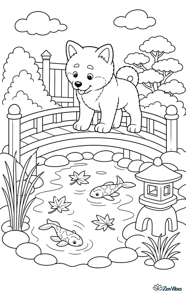 An Akita puppy pauses on a small red bridge over a koi pond, watching drifting maple leaves, with reeds, round stones, a lantern, and curved garden shrubs nearby.