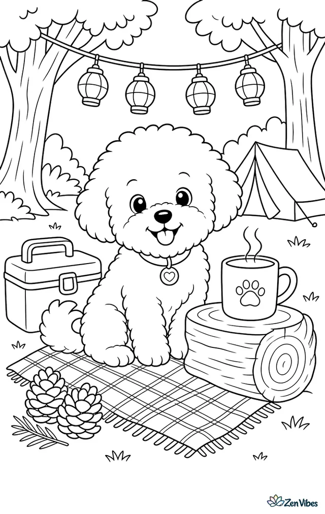 A bichon frise puppy sits beside a steaming mug at a campsite log, with a plaid blanket, cooler, pinecones, and a string of lanterns between two trees.