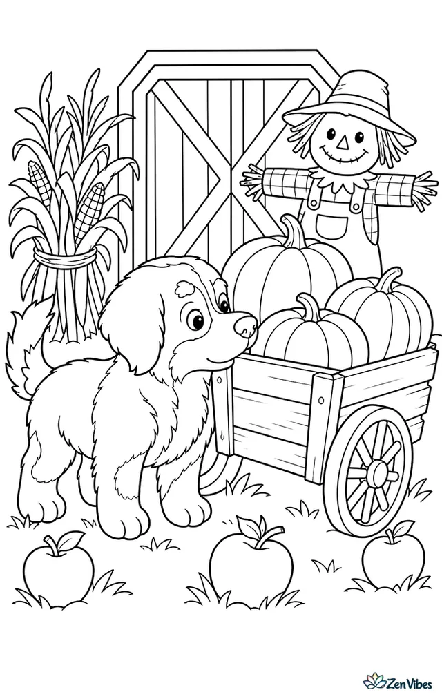 A Bernese mountain dog puppy noses a wooden harvest cart filled with pumpkins, with cornstalk bundles, apples in grass, a scarecrow, and a barn door behind.