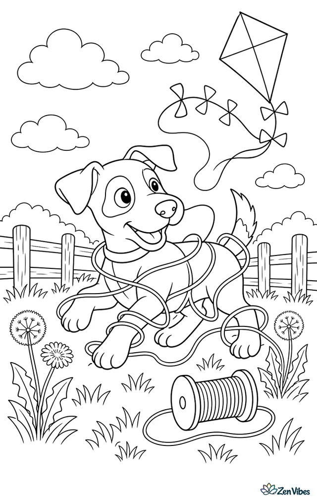 A Jack Russell terrier puppy tangles with a loose kite string in a windy field, with tall grass, a spool, dandelions, fence posts, and clouds stretching overhead.
