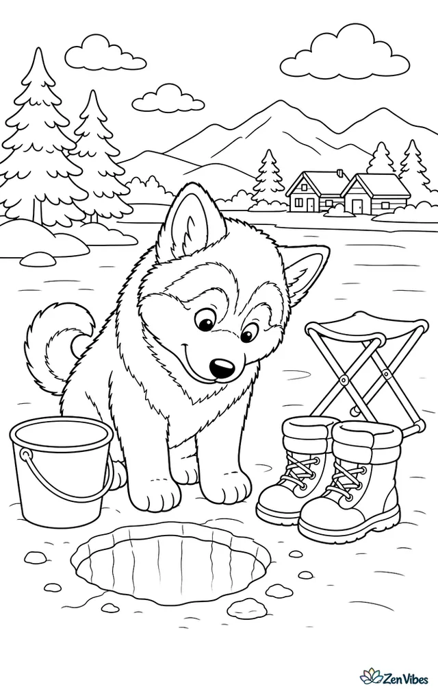 An Alaskan malamute puppy peers into an ice-fishing hole beside a bucket, with snow boots, a folded stool, pine trees, and distant cabins across the frozen lake.