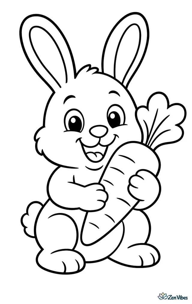 A bunny holding a large carrot with leafy top in both paws, no background