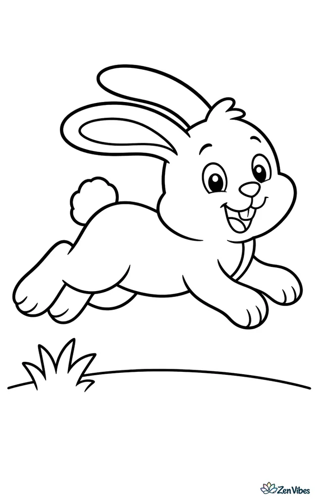 A bunny mid-hop with its back legs stretched out and ears back, above a simple ground line