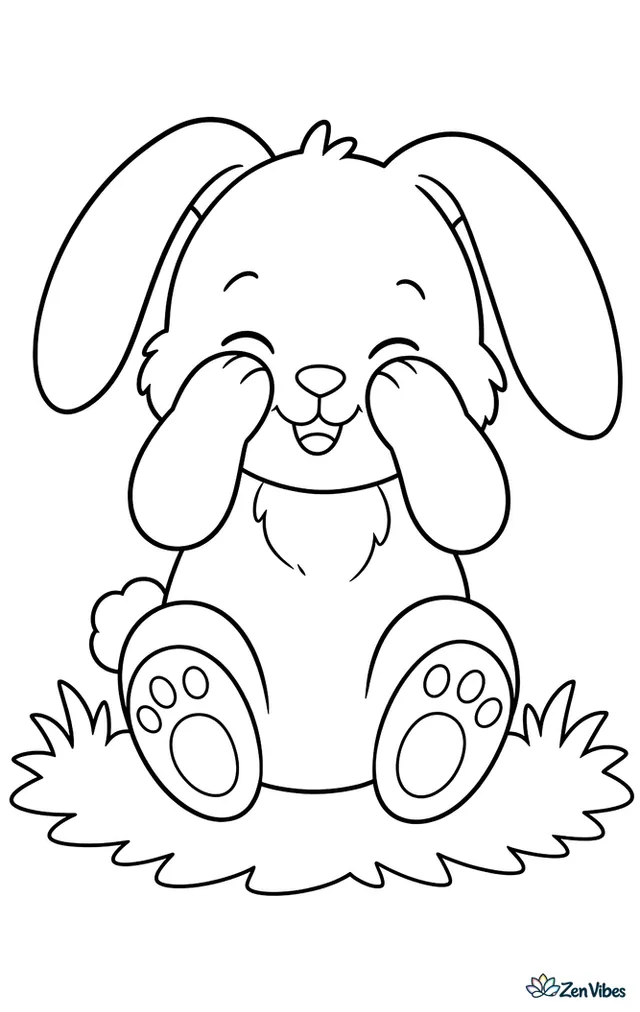 A bunny sitting and rubbing its face with both front paws, ears flopped forward, on a patch of grass