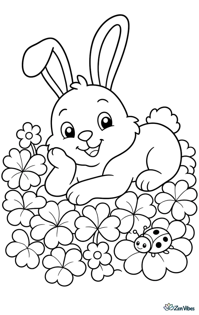 A bunny lying in a patch of clover leaves with a few small flowers and a ladybug