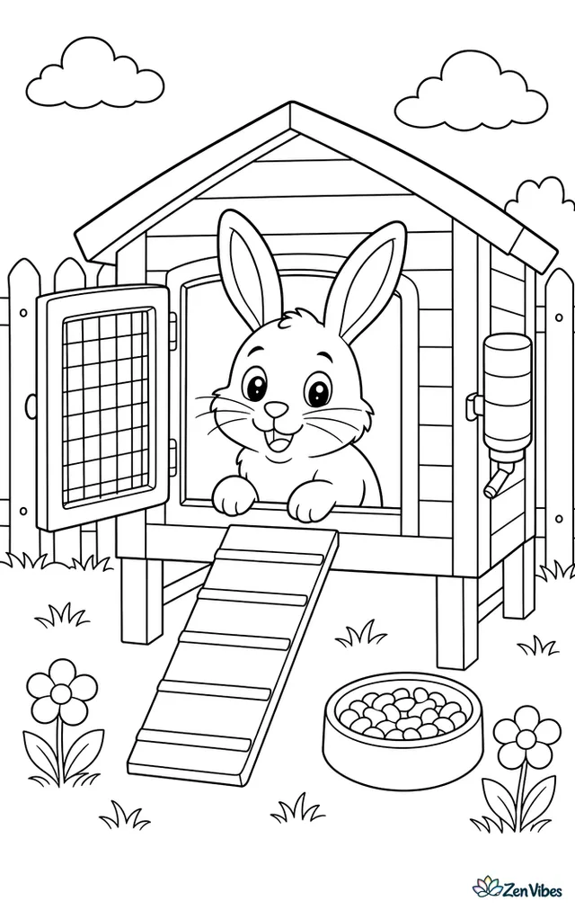 A bunny looking out of the open door of a wooden hutch with a ramp, a water bottle, and a food dish