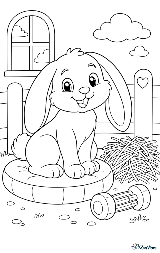 A bunny with long floppy ears sitting on a round cushion beside a small pile of hay and a chew toy
