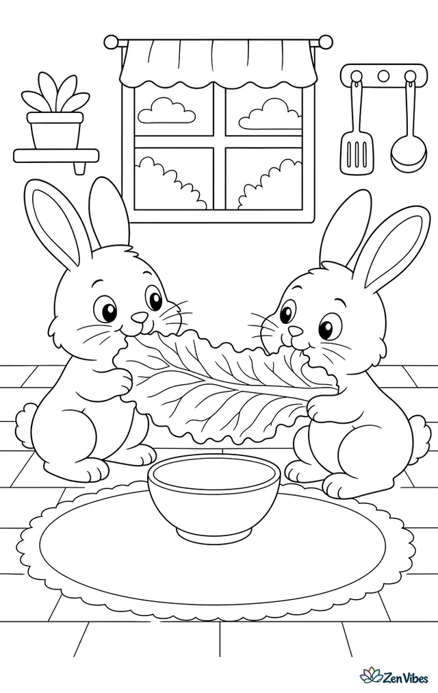 Two bunnies nibbling opposite ends of a big lettuce leaf on a kitchen floor, with a bowl and a mat