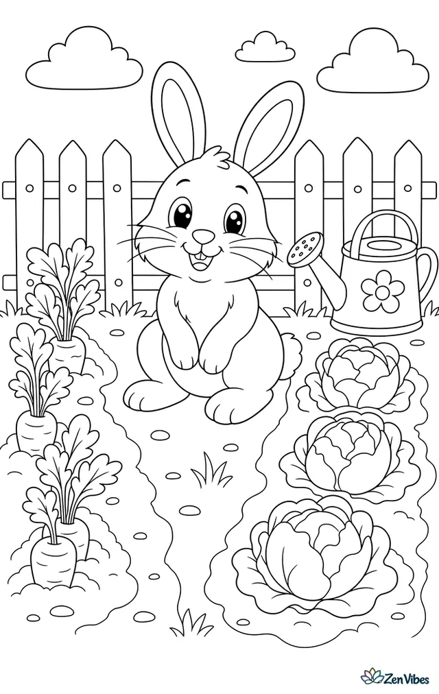 A bunny sitting between rows of carrots and cabbages with a low fence and a watering can behind