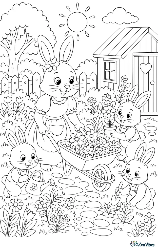 A mother rabbit and three small bunnies in a garden with a wheelbarrow, a fence, flowers, and a shed roof behind