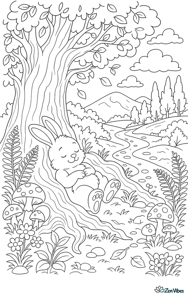 A rabbit resting under a large tree with roots, mushrooms, ferns, and a path leading to a distant hill