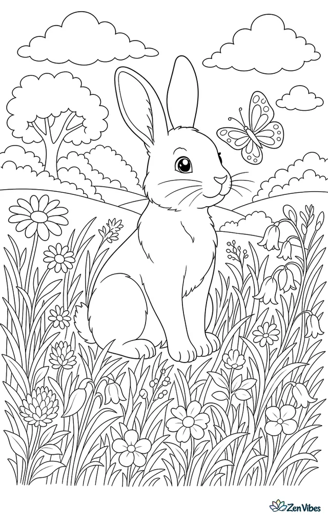 A naturally proportioned rabbit sitting alert in tall meadow grass with wildflowers, a butterfly, and clouds