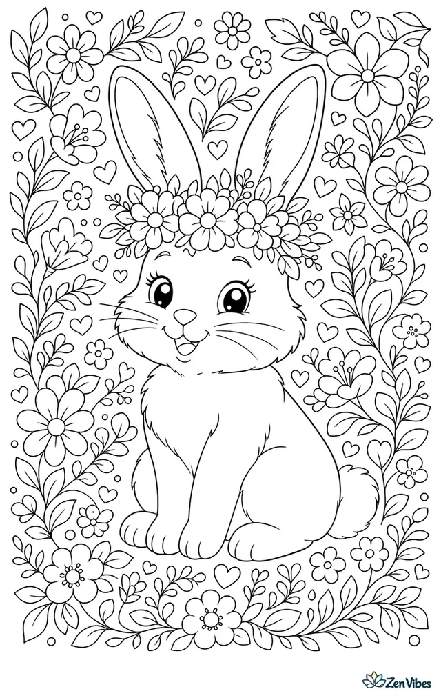 A rabbit wearing a crown of flowers, surrounded by a decorative border of leaves, blossoms, and small hearts filling the page