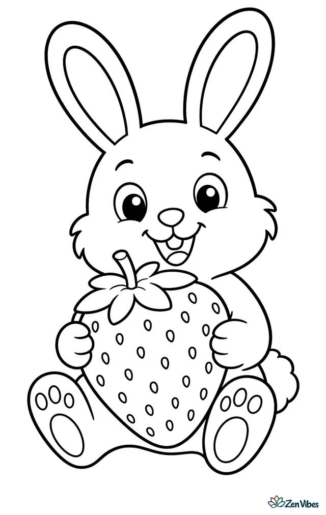 A bunny holding a big strawberry with both paws