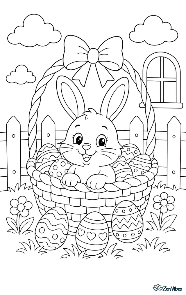 A bunny sitting in a basket surrounded by decorated eggs with a ribbon on the handle