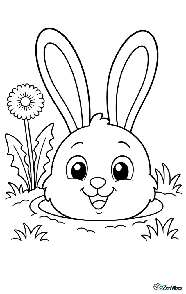 A bunny's head poking out of a hole in the ground with grass and a dandelion nearby