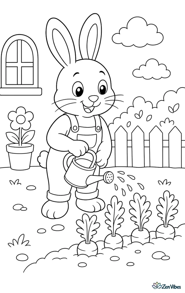 A bunny standing up watering a row of carrot tops with a small watering can