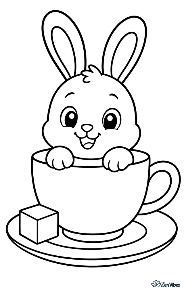 A small bunny sitting inside a teacup with a saucer and a sugar cube beside it