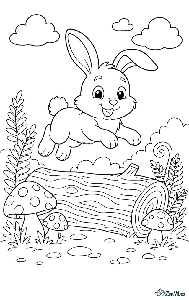 A bunny mid-hop over a fallen log with mushrooms and ferns around it