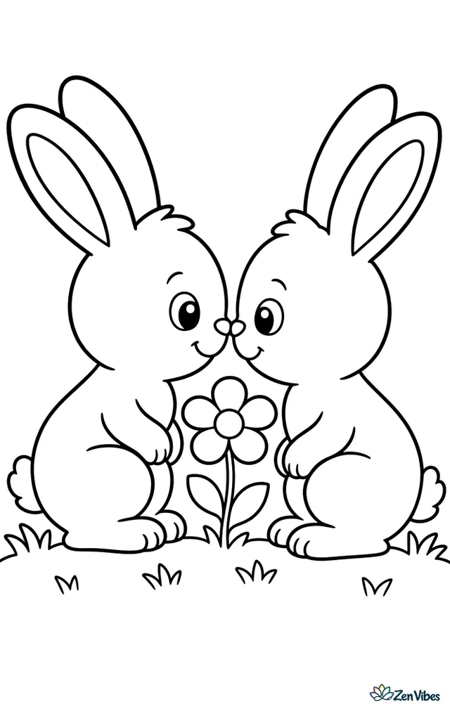 Two bunnies touching noses in the grass with a flower between them