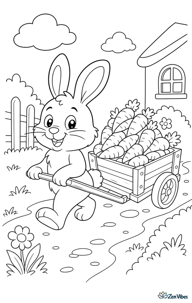 A bunny pulling a small wooden cart piled high with carrots along a country path