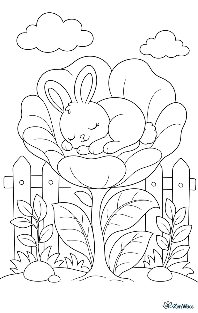 A tiny bunny curled up asleep inside a large open flower with leaves around