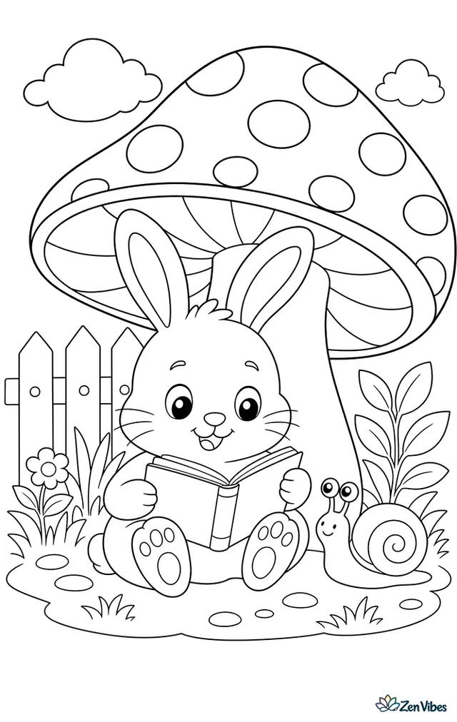 A bunny sitting under a giant mushroom reading a book with a snail watching