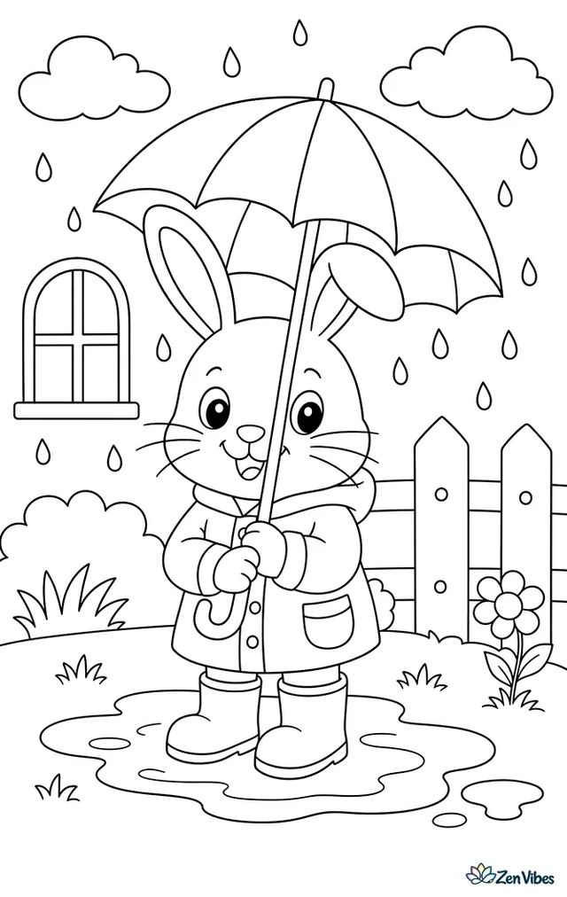 A bunny in rain boots holding an umbrella standing in a puddle with raindrops falling