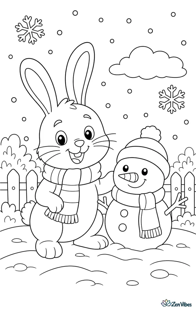 A bunny wearing a scarf next to a small snowman with snowflakes falling