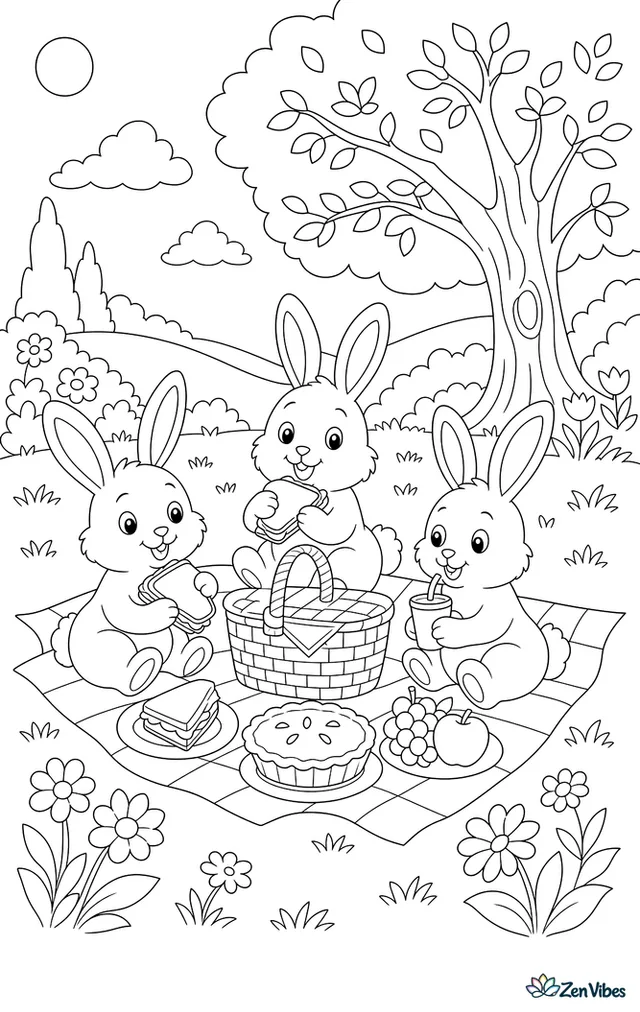 Three bunnies on a picnic blanket with a basket, sandwiches, and a pie under a tree