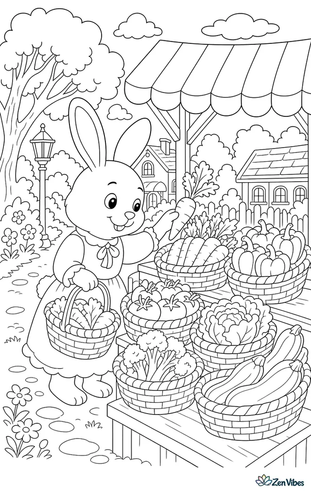 A bunny at a market stall choosing vegetables from baskets with a sign and an awning above