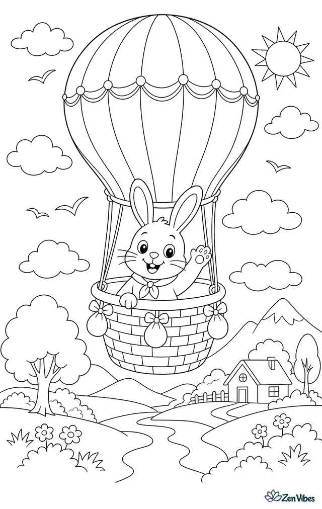 A bunny waving from a hot air balloon basket floating over hills and clouds