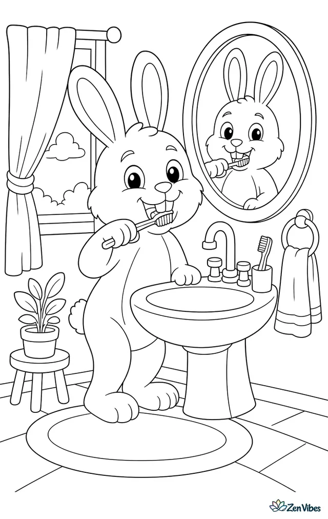 A bunny at a bathroom sink brushing its big front teeth with a toothbrush, a mirror above