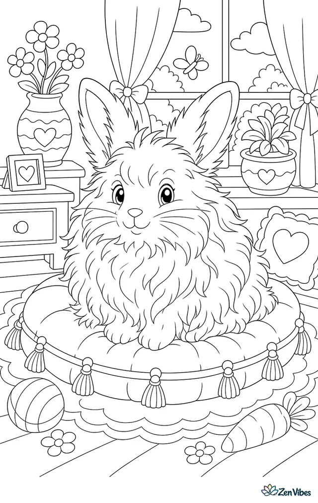 A very fluffy long-haired rabbit sitting on a cushion with fur puffing out all around