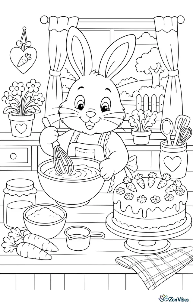 A bunny in an apron mixing batter in a bowl with a carrot cake on the counter and a window behind