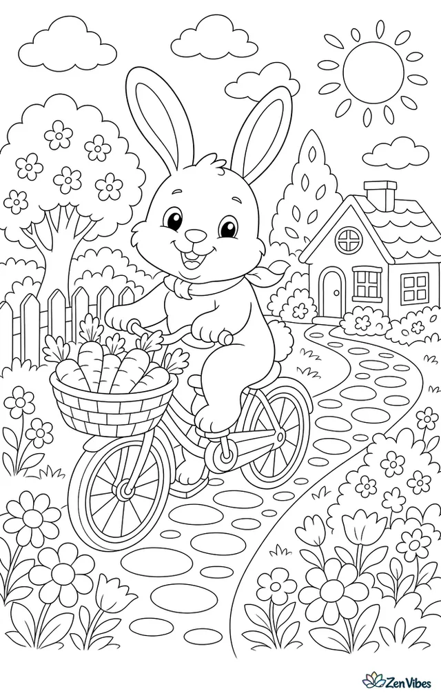 A bunny riding a bicycle with a basket of carrots down a lane lined with flowers