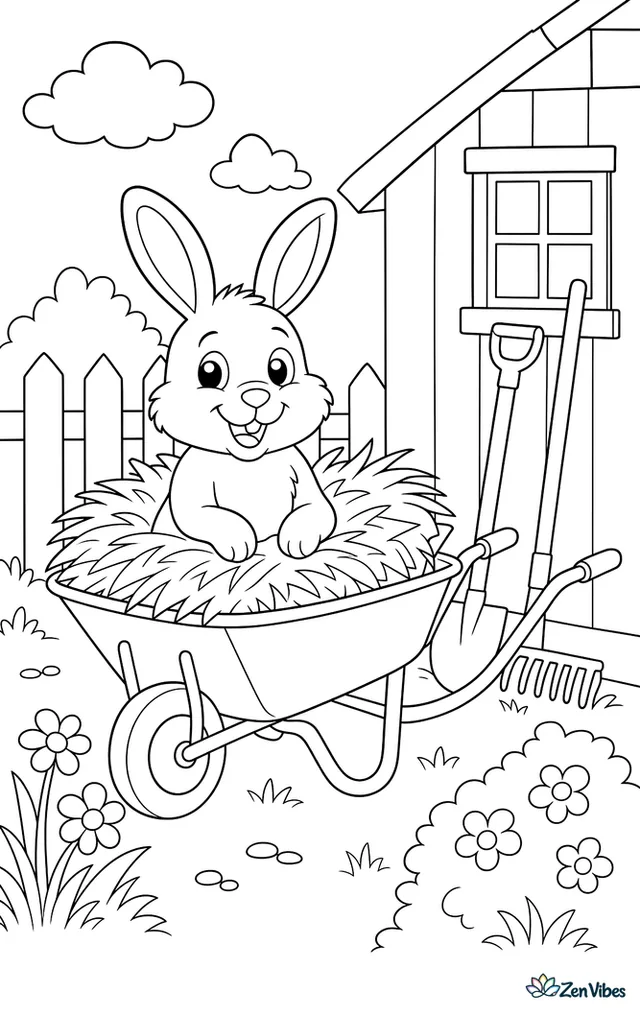A bunny sitting in a wheelbarrow full of straw in a garden with tools leaning on a shed